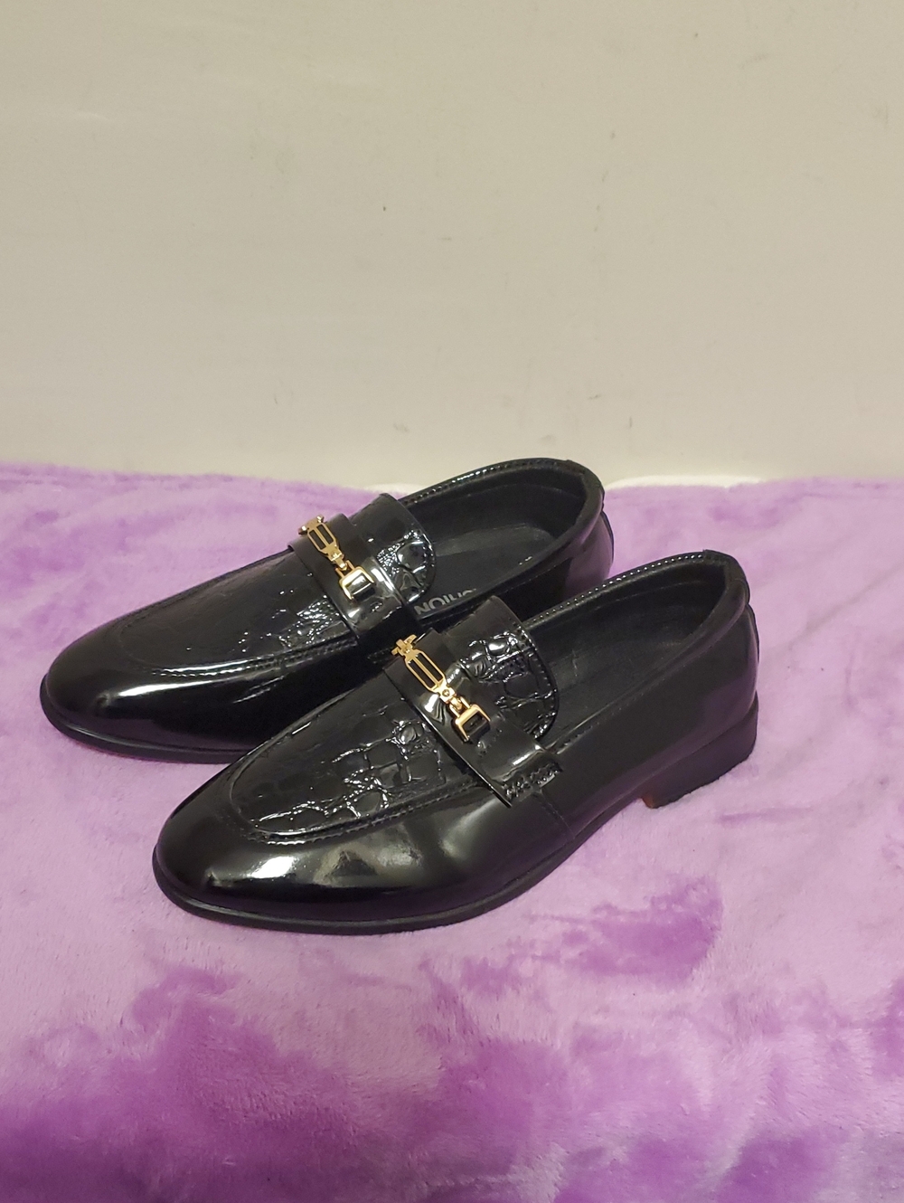 Fashion Nova Black Patent Loafers with Gold Buckle Accent